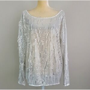 SHINEVAN Size XL White Mesh with Silver Sequins Drop Shoulder Blouse Top NWT